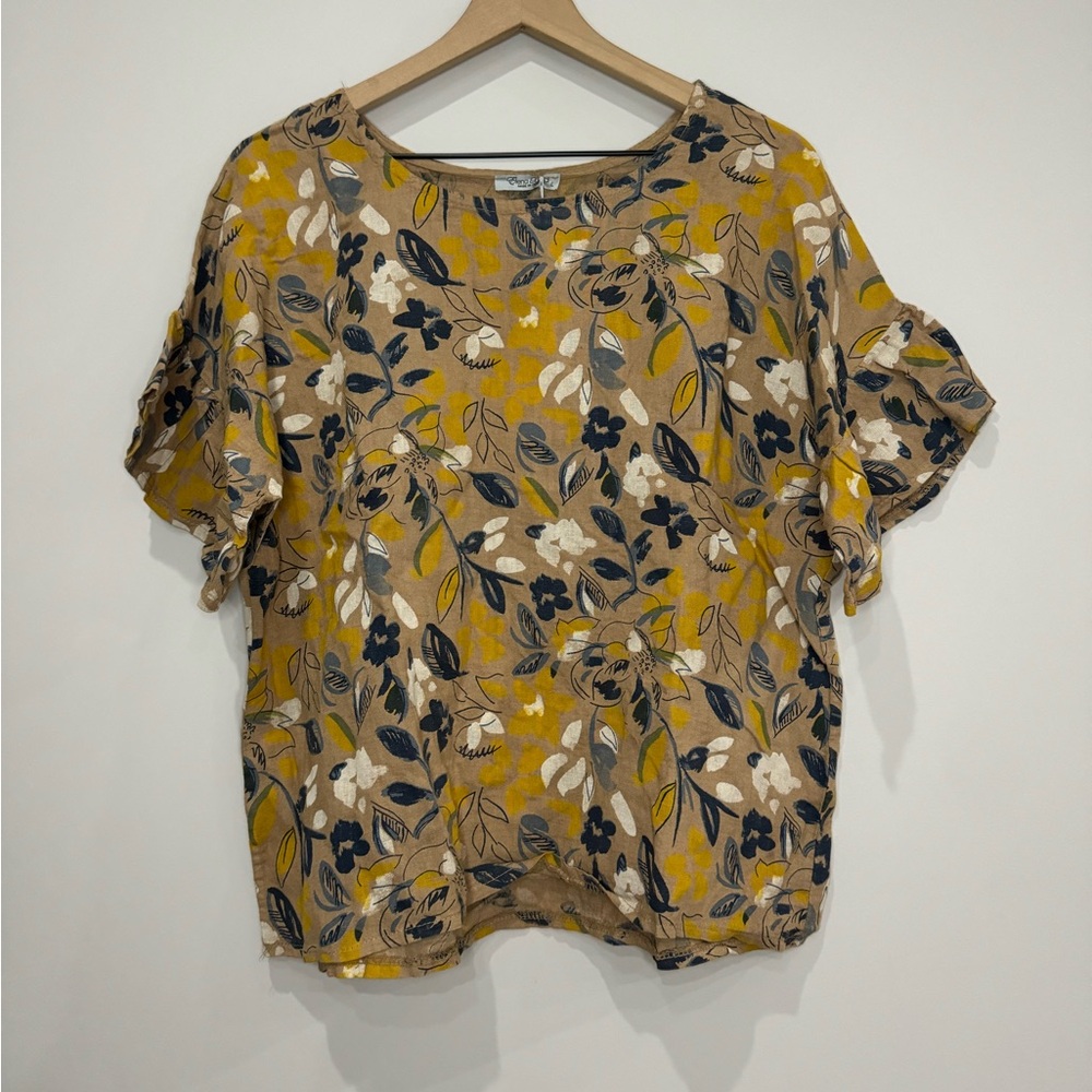 Elena Baldi NWT pure linen floral boxy ruffle sleeve pop over blouse large